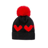 Baby Woolen Knitted Heart Printed Hat with Plush Ball Outdoor Winter Warm Hat