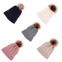 Baby Woolen Knitted Twist Hat with Plush Ball Outdoor Winter Warm Hat