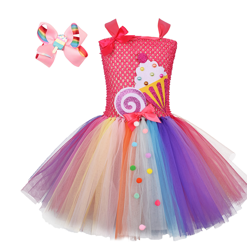 2 PCS Girls Unicorn Dress Tulle Tutu Sleeveless Dance Shows Birthday Party Halloween Carnival Rainbow Ice Cream Pink Dress With Headband