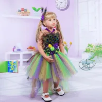 2 PCS Peacock Feather Costume Halloween Cospaly Carnival Party Toddler Girls PrincessTutu Dress Sleeveless Dream Outfit With Headband