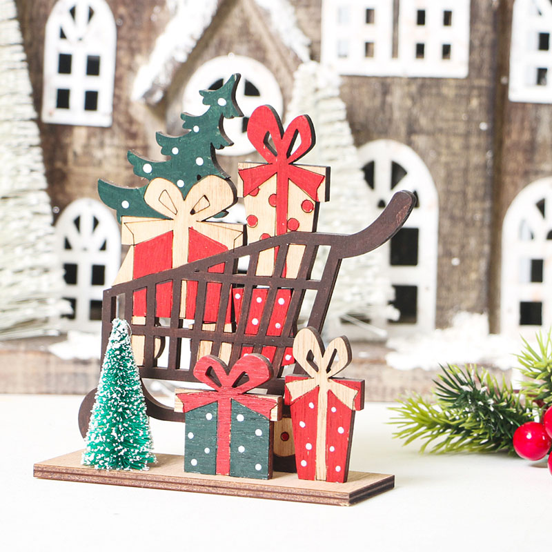 Christmas Wooden Crafts Plate Painted Shopping Cart and Gift Box Christmas Ornament
