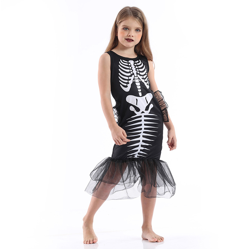 Scary Mermaid Skull Ghost Bone Dress Halloween Costume Cospaly Carnival Party Toddler Girls Lace Dress