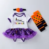 My 1st Halloween Print Pumpkin Patterns Printed Polka Dots Dress Four Piece Set