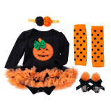 Halloween Pumpkin Ghost Bat Witch Hat Patterns Printed Orange Tutu Dress Four Piece Set
