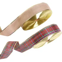Merry Christmas 2 Rolls 2m Plaid Metallic Ribbon Satin Xmas Gift Strap and Christmas Tree Decor