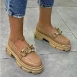 Women Low Top Boat Metal Chain Flatform Leather Shoes