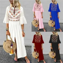 Women Half Sleeve Slit Leg Boho Casual Dress