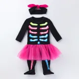 Multicolor Skull Printed Tutu Dress Orange Striped Pumpkin Patterns Printed Skirt Suit