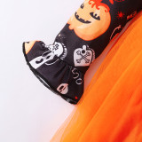 Pumpkin Skull Ghost Patterns Printed Orange Tutu Dress With Turban Two Piece Set