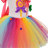 2 PCS Lovely Cute Candy Rainbow Costume Halloween Carnival Party Toddler Girls Princess Ballet Dress Tutu Dress Sleeveless With Headband