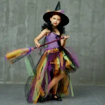 2 PCS Cute Witch Mopping Dress Tutu Dress Costume Set Halloween Cospaly Carnival Party Girls Dress With Mop