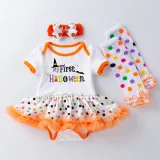 My 1st Halloween Print Pumpkin Patterns Printed Polka Dots Dress Four Piece Set
