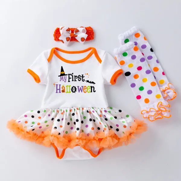My 1st Halloween Print Pumpkin Patterns Printed Polka Dots Dress Four Piece Set