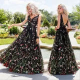 Women Deep V Black Mesh Embroidery Formal Dress Backless Sleeveless Maxi Dress