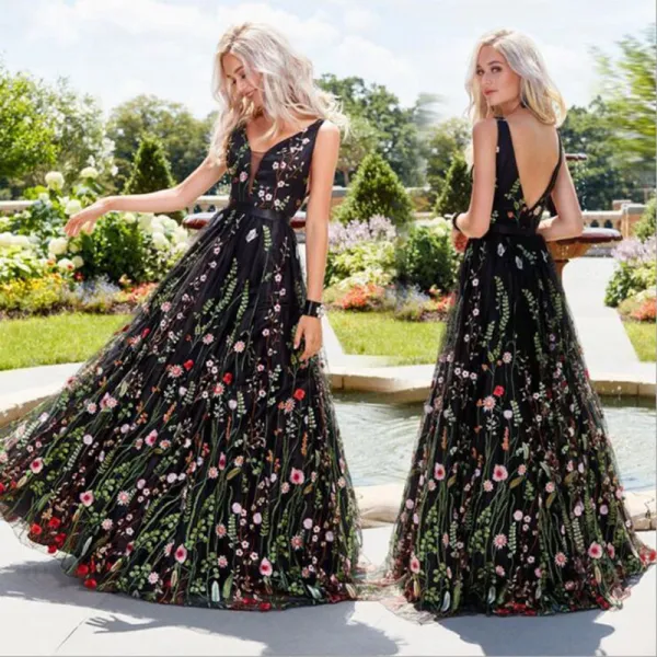 Women Deep V Black Mesh Embroidery Formal Dress Backless Sleeveless Maxi Dress