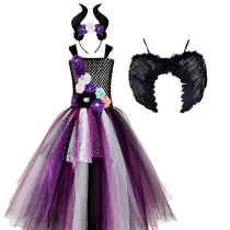 3 PCS Maleficent Witch Costume Halloween Full-Length Straight Tulle Tutu Lace Party Girl Dress With Headband