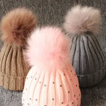 Baby Woolen Knitted Hat with Plush Ball Outdoor Winter Warm Hat