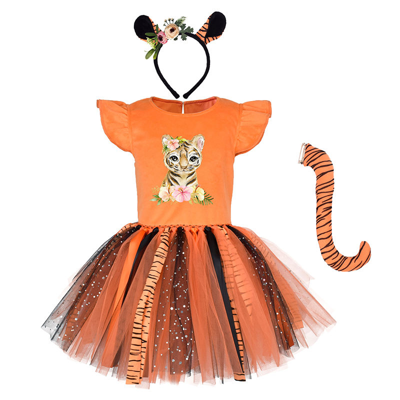 3 PCS Halloween Tiger Lovely Birthday Party Tulle Tutu Dresses For Girls With Headband With Tail