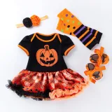 My 1st Halloween Print Pumpkin Skull Patterns Printed Dress Four Piece Set