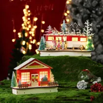 LED Light Up Christmas Wooden Crafts House with Xmas Tree and Wreath Christmas Ornament