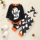 Baby Boo Ghost Patterns Printed Romper Trousers Headdress Three Piece Suit