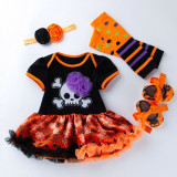 My 1st Halloween Print Pumpkin Skull Patterns Printed Dress Four Piece Set