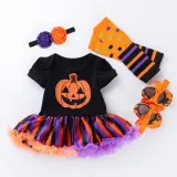 My 1st Halloween Print Pumpkin Skull Patterns Printed Dress Four Piece Set