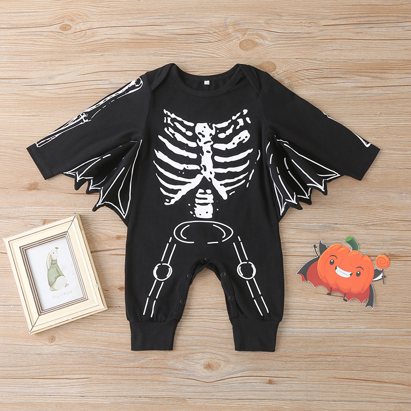Baby Skull Patterns Printed Long Sleeve Bat Bodysuit Set