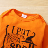 I Put A Spell On You Orange Long Sleeve Romper Pumpkin Print Skirt Three Piece Set