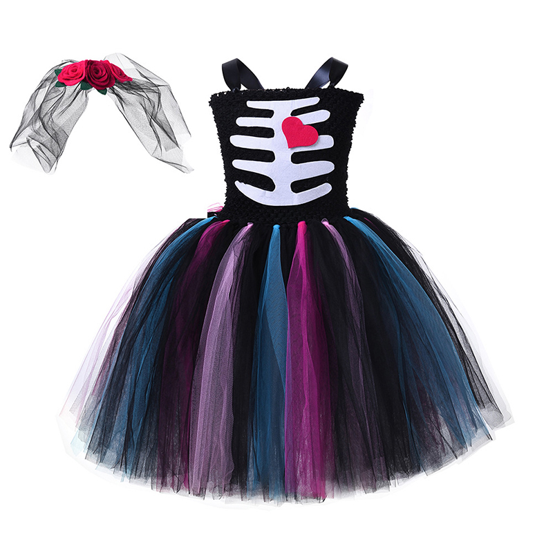 Bride Of Death Scary Skeleton Vampire Cosplay Costume Halloween Carnival Party Toddler Girls Tutu Dress With Headband