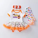 My 1st Halloween Print Pumpkin Patterns Printed Polka Dots Dress Four Piece Set
