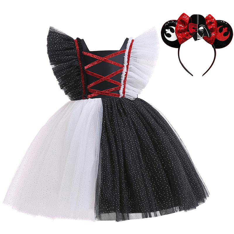 2 PCS Witch Puffy Stitching Polka Dot Flying Sleeves Costume Halloween Cospaly Carnival Party Toddler Girls Tutu Dress With Headband