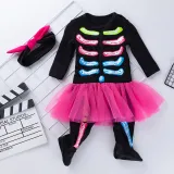 Multicolor Skull Printed Tutu Dress Orange Striped Pumpkin Patterns Printed Skirt Suit
