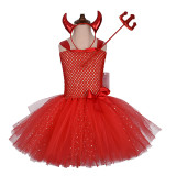 3 PCS Devil Horns Cute Funny Costume Halloween Cospaly Carnival Party Toddler Girls Tutu Dress Sleeveless With Headband