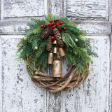 Christmas Handwork Wreath with Pine Cones and Bells Christmas Home Decoration
