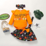 My First Halloween Print Pumpkin Skull Ghost Patterns Printed Strap Dress With Headdress Three Piece Set