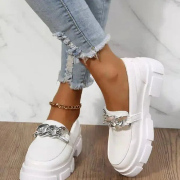 Women Low Top Boat Metal Chain Flatform Leather Shoes