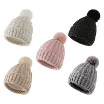 Kids Woolen Knitted Solid Color Hat with Plush Ball Outdoor Winter Warm Hat