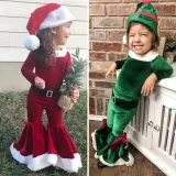 Christmas Red And Green Vintage Long Sleeve Flare Bottom Velvet Santa Costume Cosplay Set