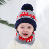 Kids 2 Pieces Woolen Knitted Hat and Scarf Cars Printed Outdoor Winter Warm Hat