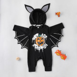 Baby To Cute To Spook Pumpkin Patterns Printed Long Sleeve Bat Hooded Bodysuit Set With Hat