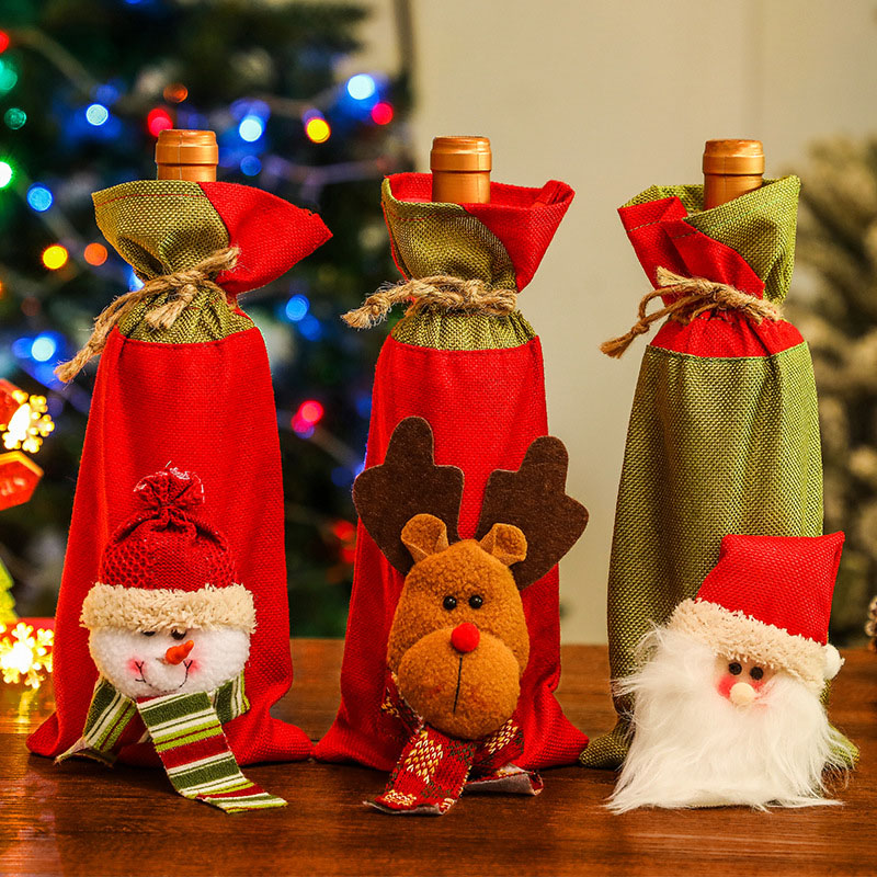Christmas Santa and Snowman Plush Toys Wine Cover Bag Christmas Home Decor