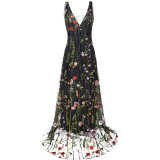 Women Deep V Black Mesh Embroidery Formal Dress Backless Sleeveless Maxi Dress