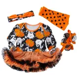 Halloween Pumpkin Ghost Bat Witch Hat Patterns Printed Orange Tutu Dress Four Piece Set