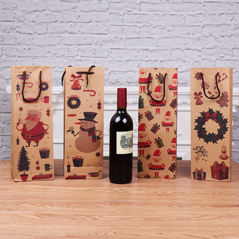 Merry Christmas Painted and Kraft Cowhide Bag For Wine Gift Bag