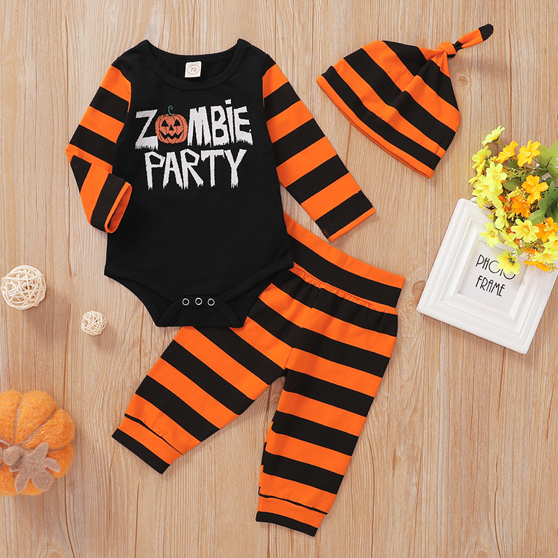 Halloween Zombie Party Orange Black Striped Romper Trousers Hat Three Piece Set