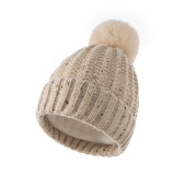 Kids Woolen Knitted Solid Color Hat with Plush Ball Outdoor Winter Warm Hat