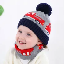 Kids 2 Pieces Woolen Knitted Hat and Scarf Cars Printed Outdoor Winter Warm Hat