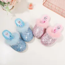 Toddler Kids Cartoon Princess Winter Slipper Warm Fleece Sparkling Wrap Toe Shoes