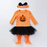 Multicolor Skull Printed Tutu Dress Orange Striped Pumpkin Patterns Printed Skirt Suit
